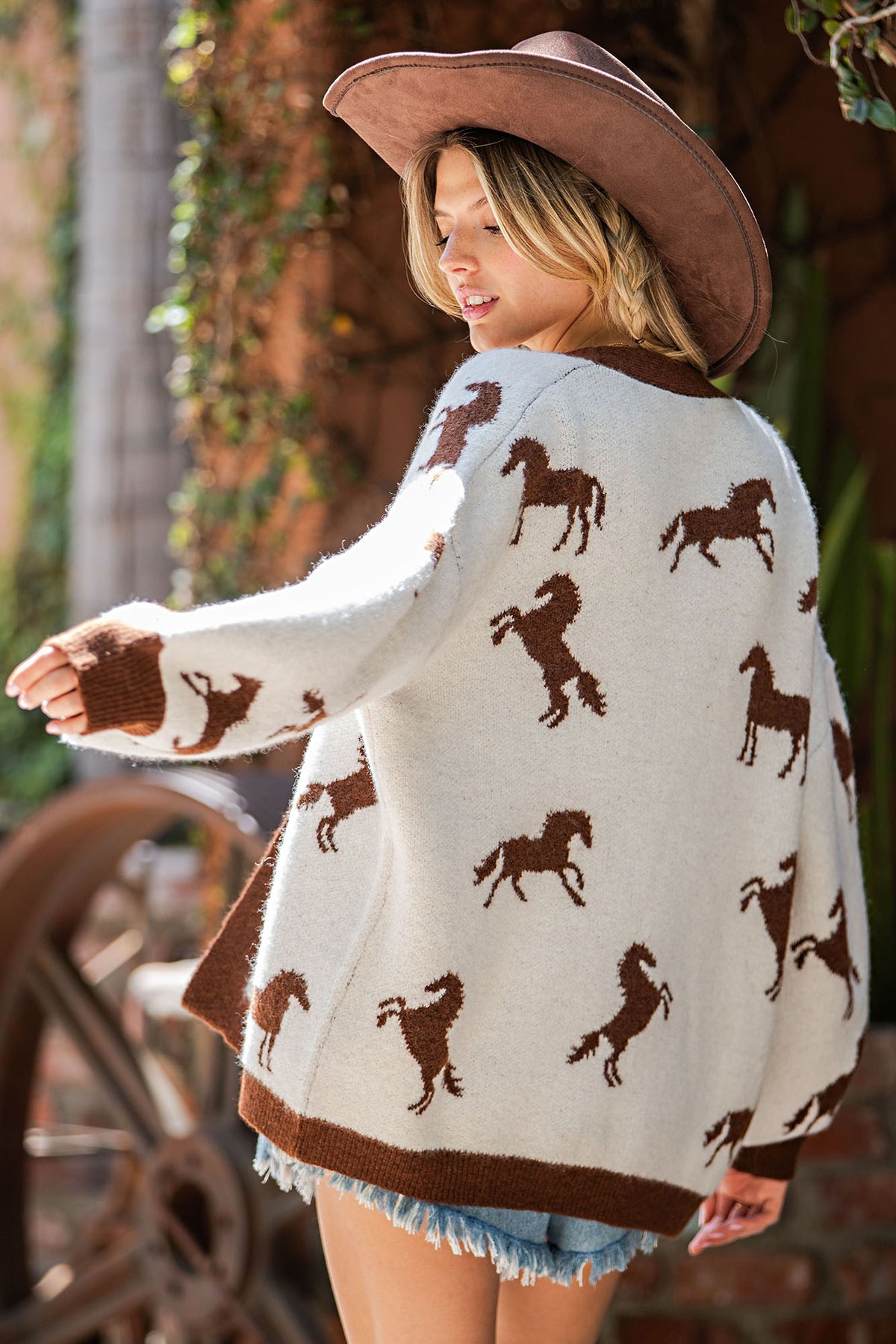 Horse Pattern Contrasting Women Cardigan