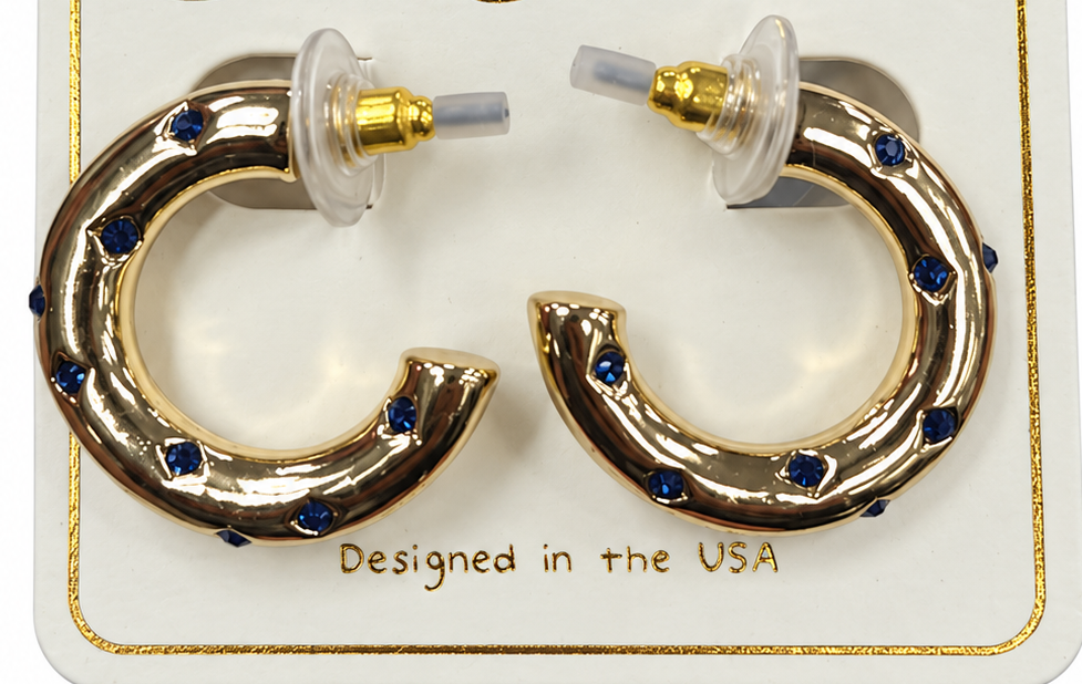 Gold-Tone Blue Rhinestone Hoop Earrings