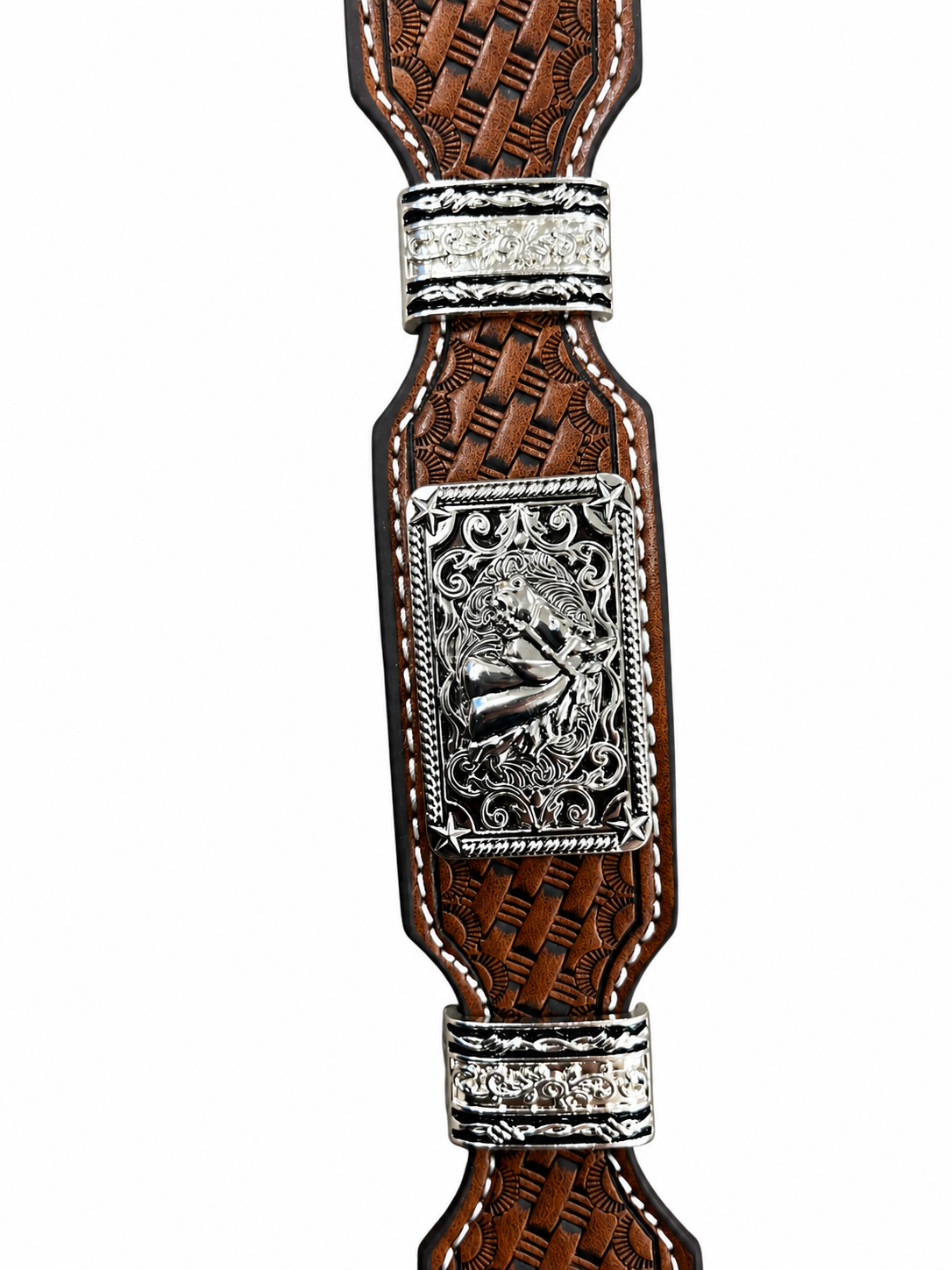 Basketweave Tooled Leather Belt with Horse Conchos