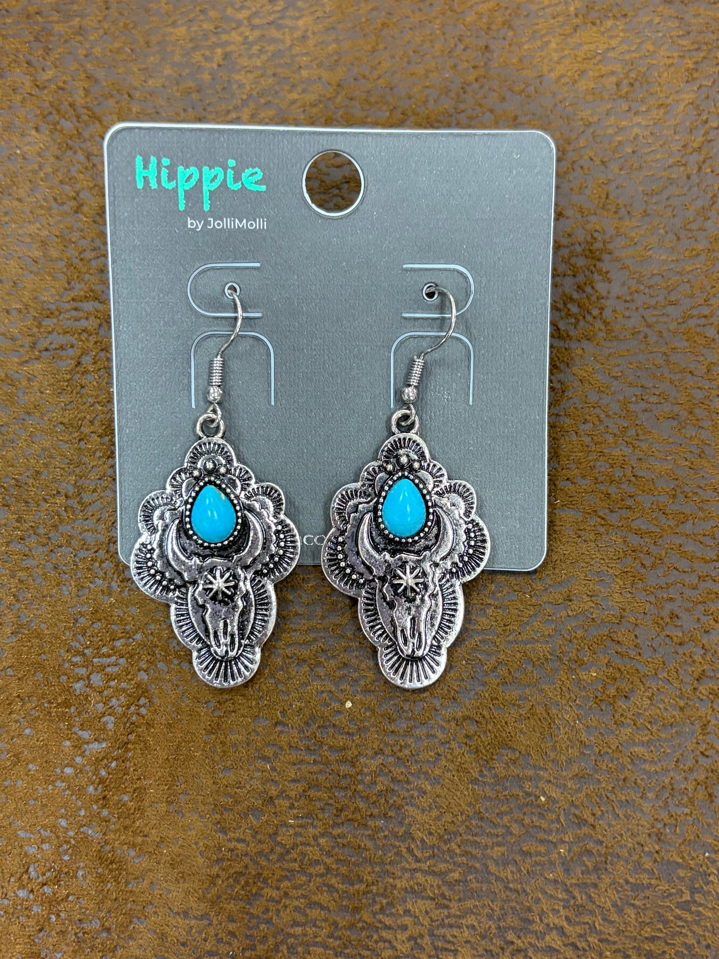 Turquoise Bull Skull Western Drop Earrings