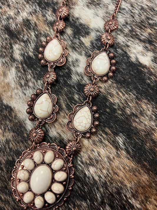 Bronze-Tone White Stone Necklace & Earring Set