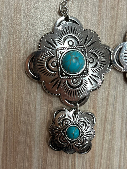 Justin Earrings Doble Silver Concho W/Turquoise Colored Stones