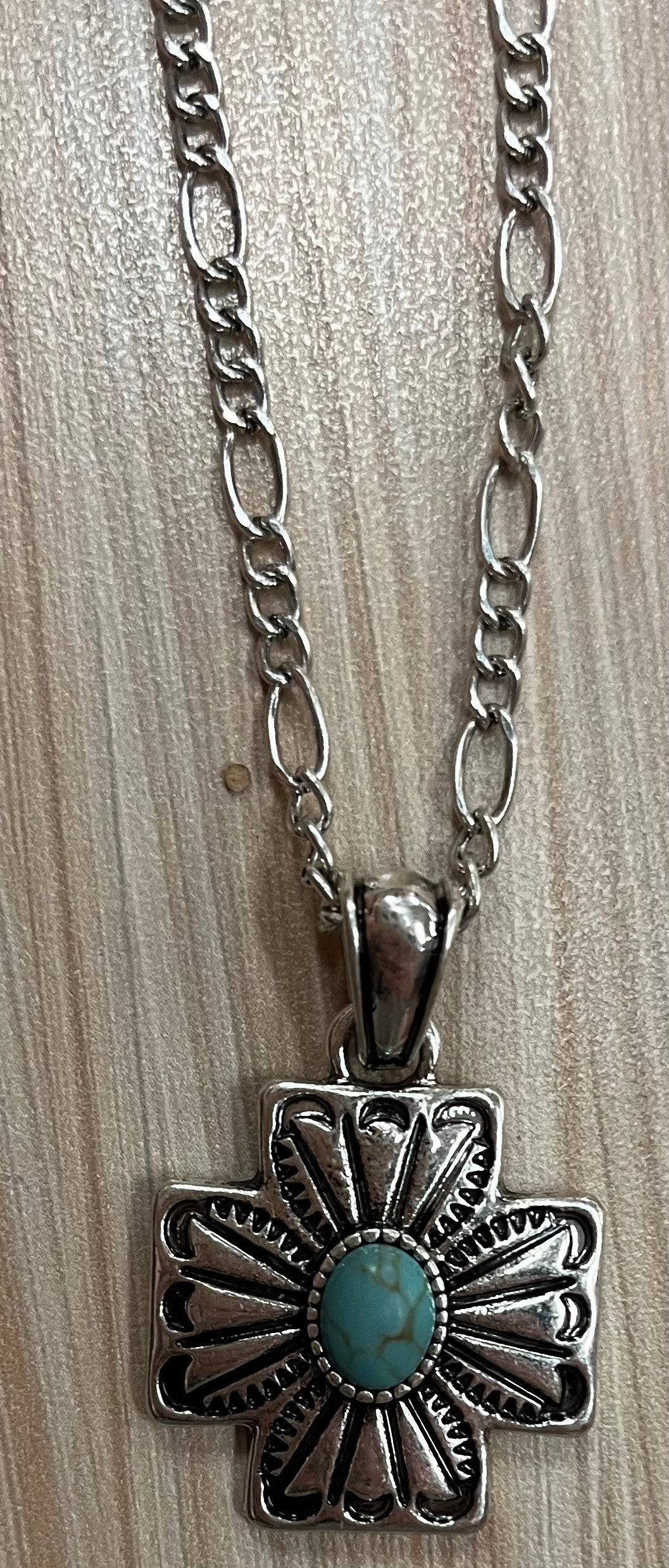 Justin Silver Square Cross Turquoise Pendant Necklace