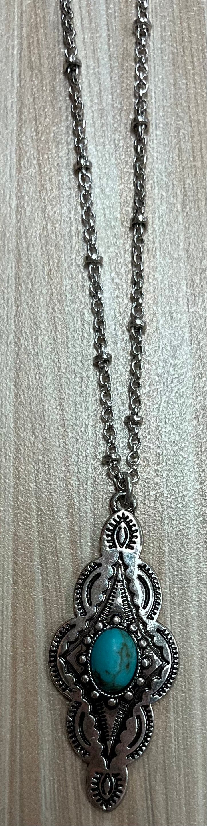 Justin Necklace Saturn Chain W/Diamond Concho and Faux Turquoise Stone Dangle