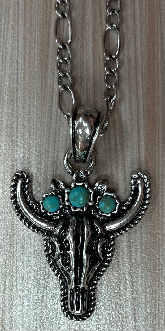 Justin Necklace Steer Head W/Faux Turquoise Flower Crown