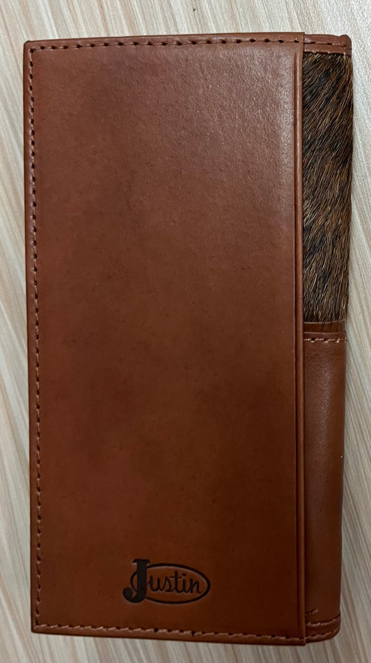 Justin Men's Genuine Leather Wallet with Floral Tooling and Brindle Hair On