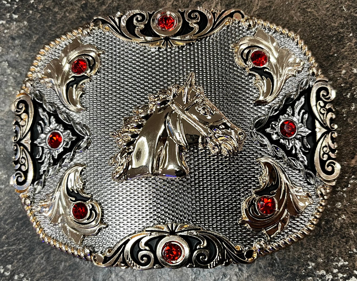 Horse Head Western Buckle with Red Rhinestone