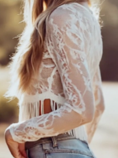 Long-Sleeve Cowgirl Lace Blouse Boho Fringe Crop Top