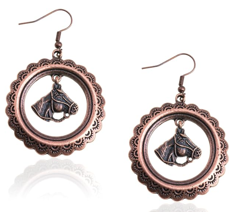 Wrangler Etched Circle Alloy Horse Head Dangling Earrings Bronze