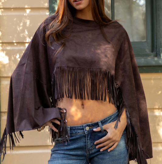 Stallion Faux Suede Cropped Flowy Fringe Poncho