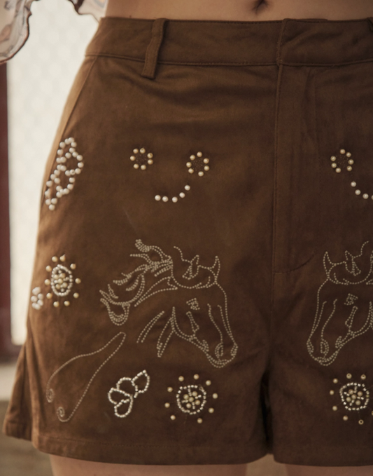 Blue b Embroidered Suede Shorts