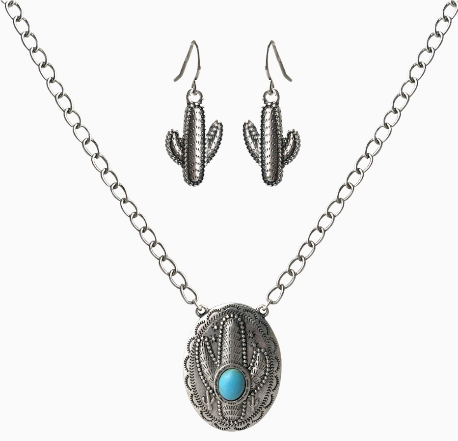 Cactus Turquoise Pendant Necklace & Earring Set