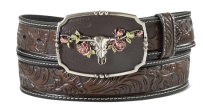 Ariat Ladies Belt 1 1/2" Longhorn Rose Buckle Dark Brown