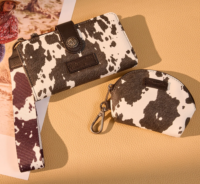 Wrangler Cow Print Wallet & Coin Pouch Wristlet Set