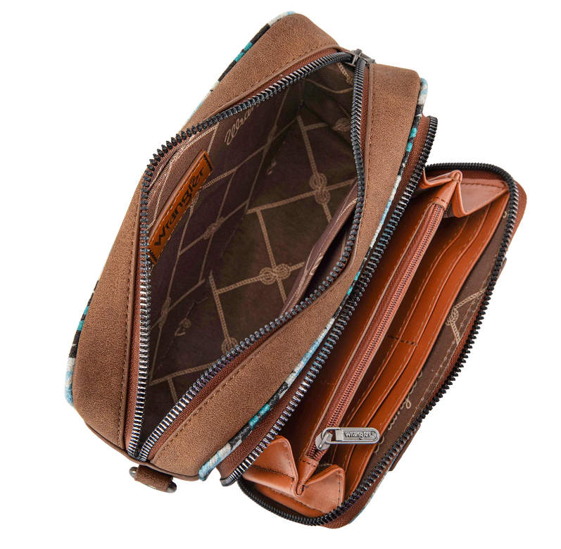 Wrangler Southwestern Pattern Dual Sided Print Crossbody Purse with Wallet Compartment