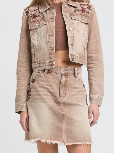 Camel Floral Embroidered Denim Skirt