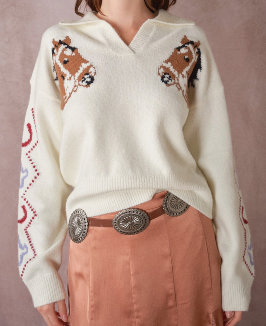 Blue b Western Horse Intarsia Sweater
