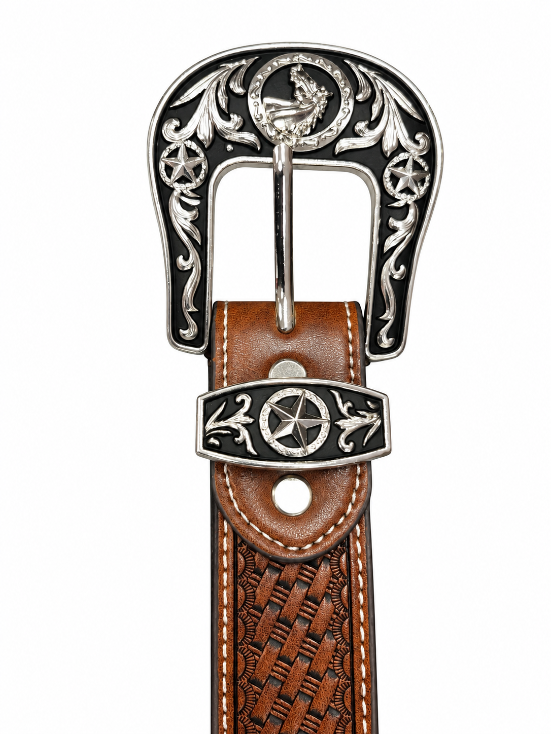 Basketweave Tooled Leather Belt with Horse Conchos