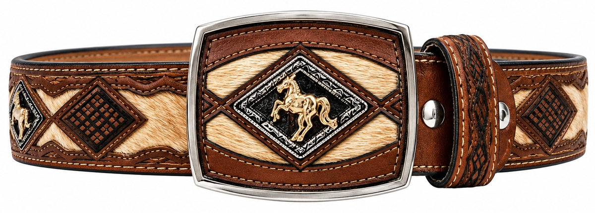 Western Horsehair-On Hide Leather Men Belt Brown/Tan