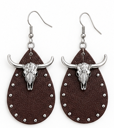 Longhorn Leather Teardrop Earrings