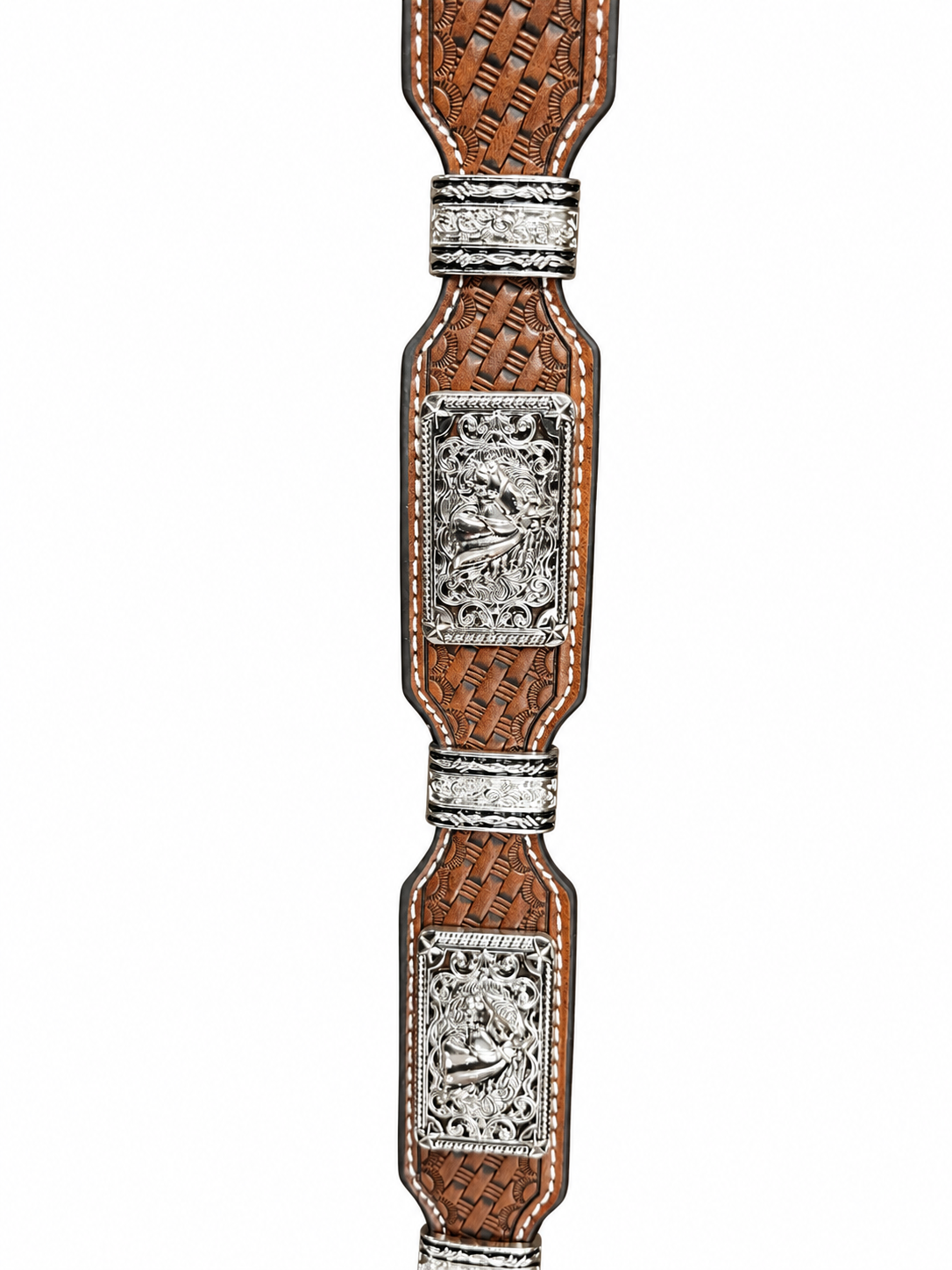 Basketweave Tooled Leather Belt with Horse Conchos