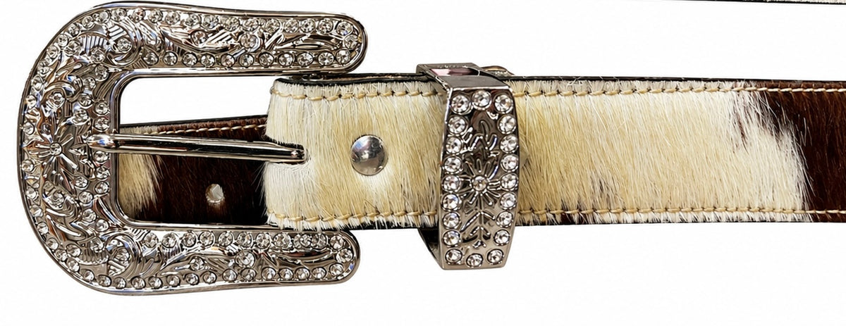 Hair-On Cowhide Rhinestone Western Ladies Belt