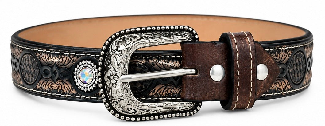 Western Tooled Leather Crystal Concho women's Belt