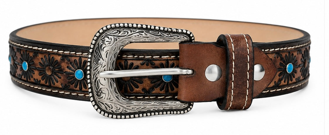 Women's Turquoise Floral Tooled Leather Belt