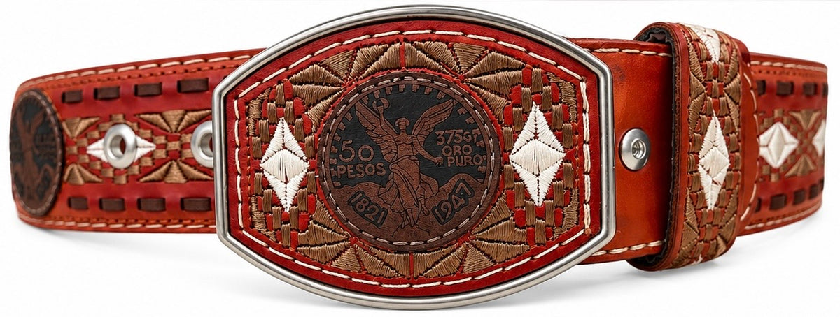 Mexican Coin Embroidered Western Men Belt