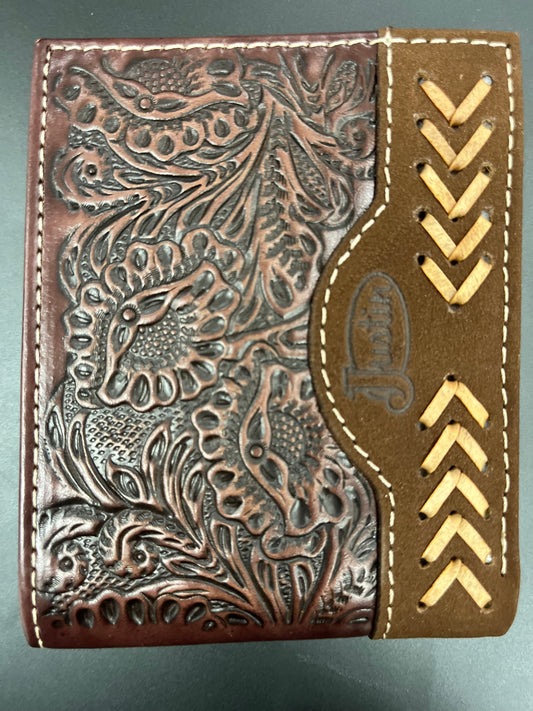 Justin Wallet Genuine Leather Brown W/Tooling and Rawhide