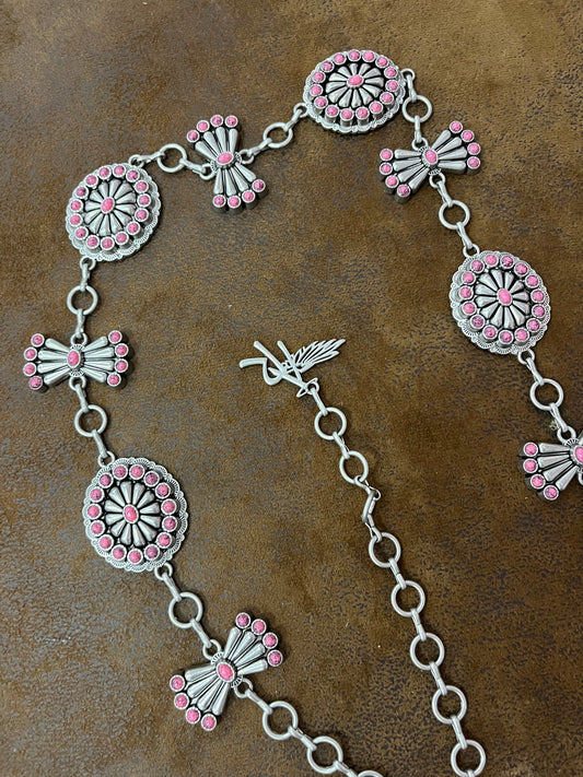 Angel Ranch Ladies Chain Belt Oval Butterfly Conchos Chain Light Pink