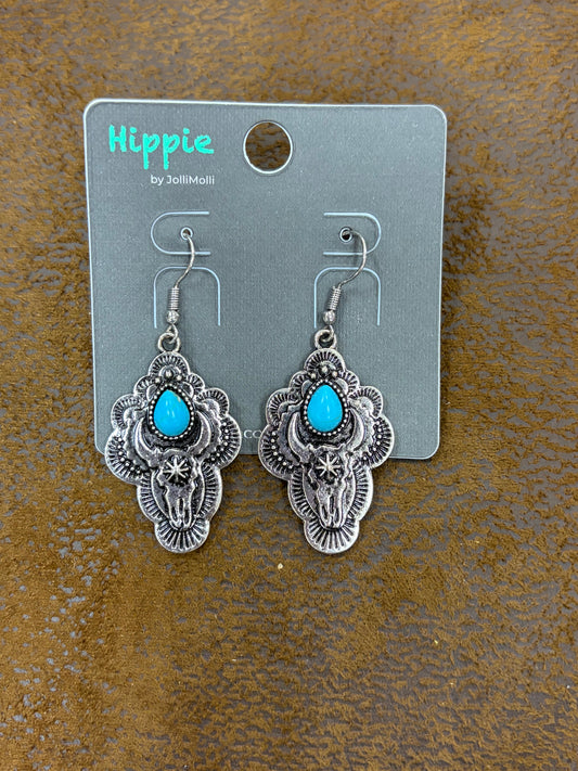 Turquoise Bull Skull Western Drop Earrings