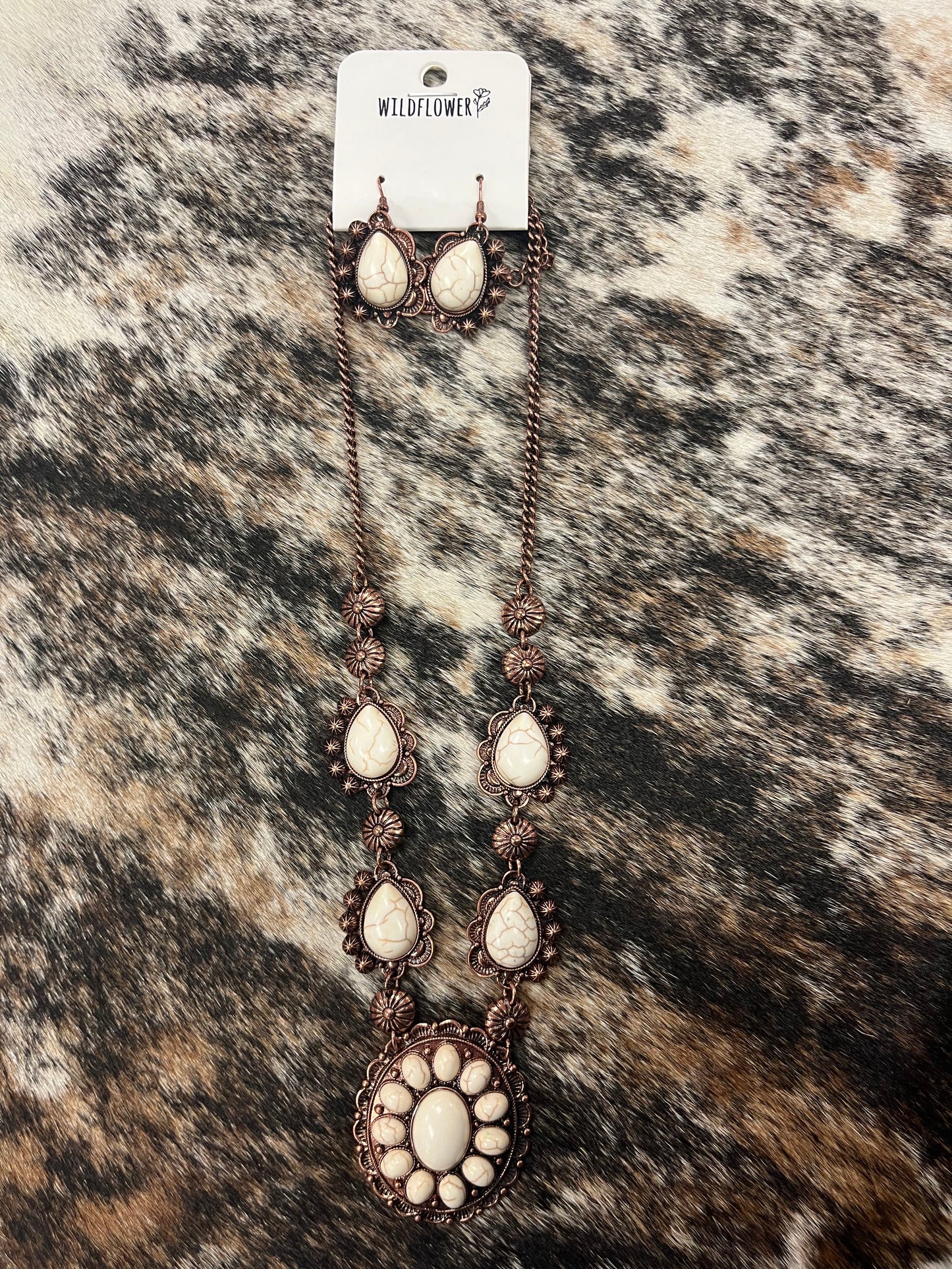 Bronze-Tone White Stone Necklace & Earring Set