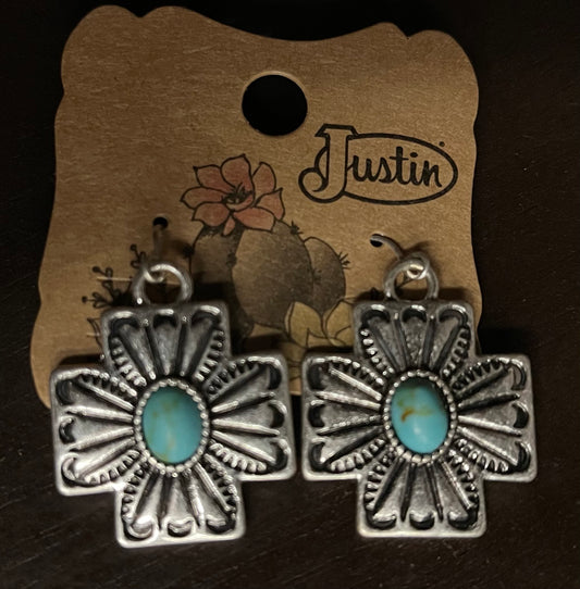 Justin Silver Square Cross Turquoise Center Earrings
