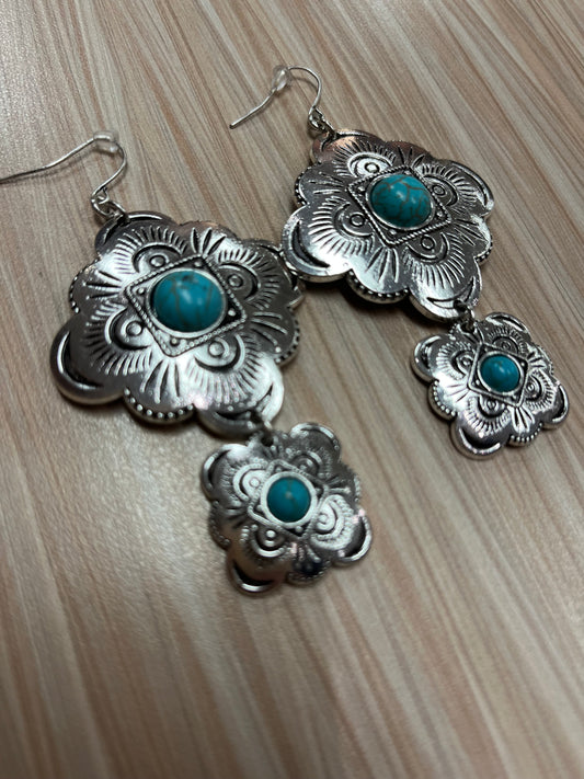 Justin Earrings Doble Silver Concho W/Turquoise Colored Stones