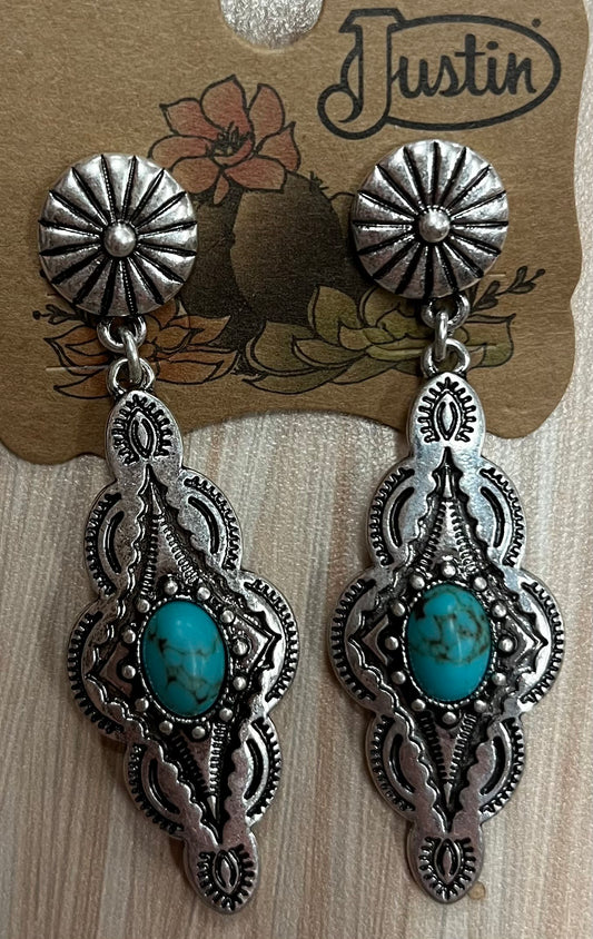 Justin Earring Drop Dangle Diamond Concho with Turquoise Colored Stone