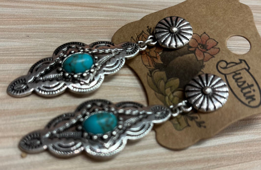 Justin Earring Drop Dangle Diamond Concho with Turquoise Colored Stone