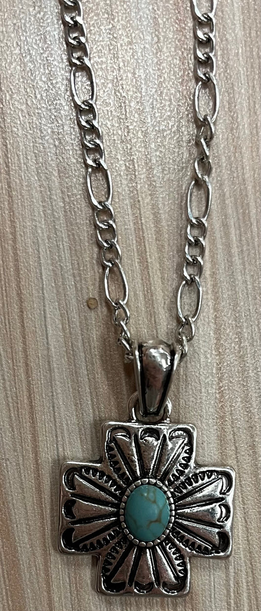 Justin Silver Square Cross Turquoise Pendant Necklace