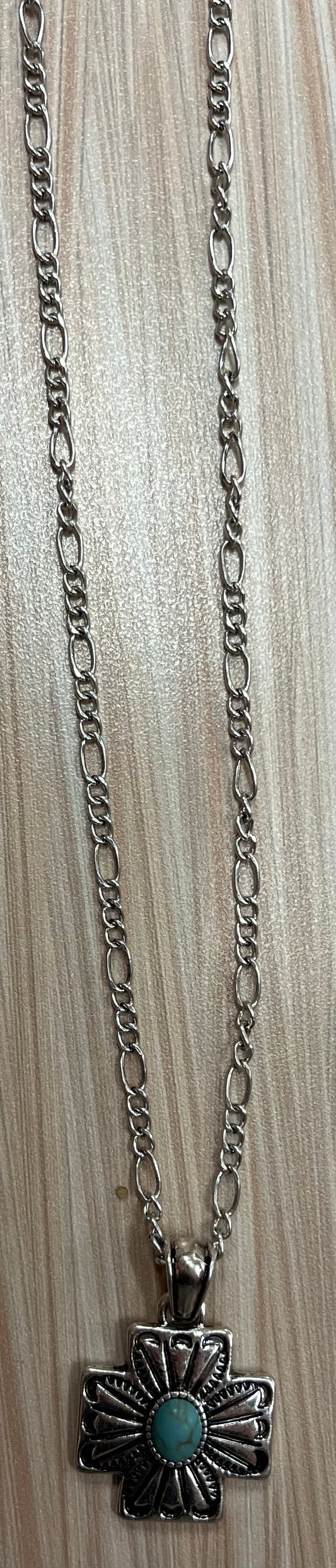 Justin Silver Square Cross Turquoise Pendant Necklace