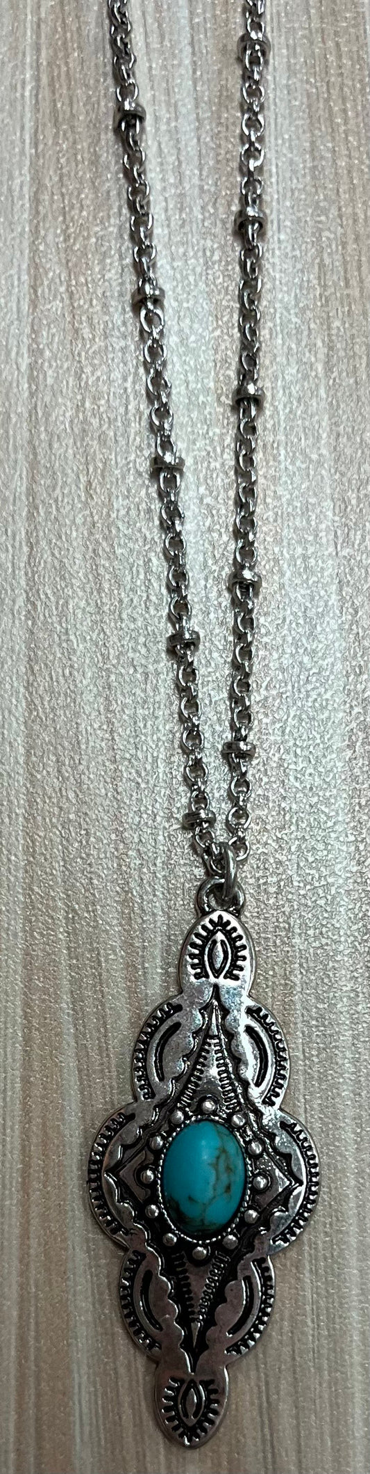 Justin Necklace Saturn Chain W/Diamond Concho and Faux Turquoise Stone Dangle