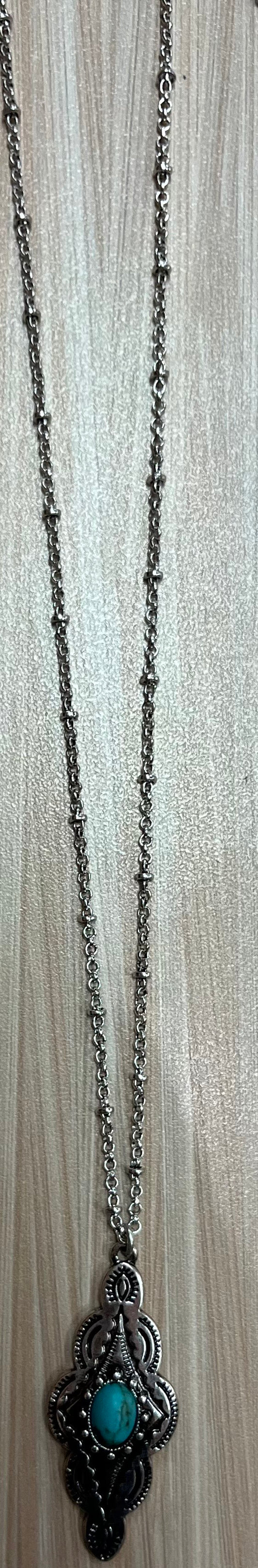 Justin Necklace Saturn Chain W/Diamond Concho and Faux Turquoise Stone Dangle