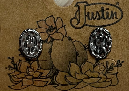 Justin Earrings Hammered Oval W/Saguaro