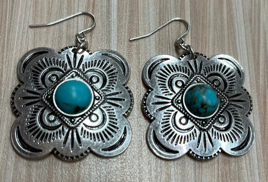 Justin Earrings Silver Concho W/Turquoise Colored Stone