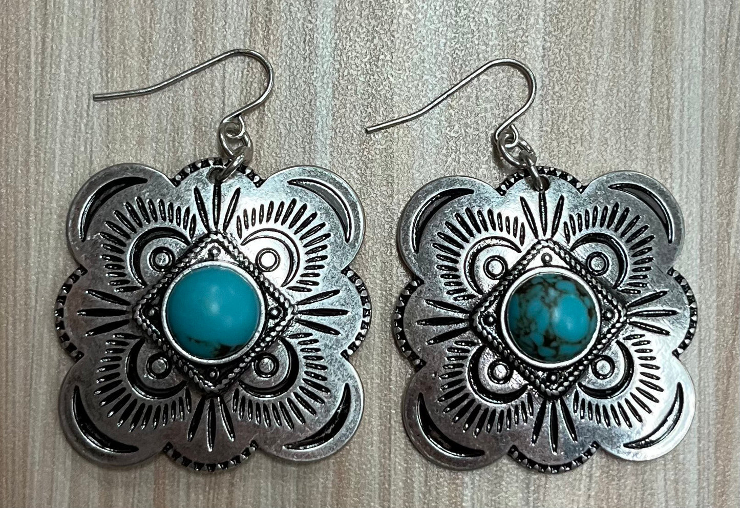 Justin Earrings Silver Concho W/Turquoise Colored Stone