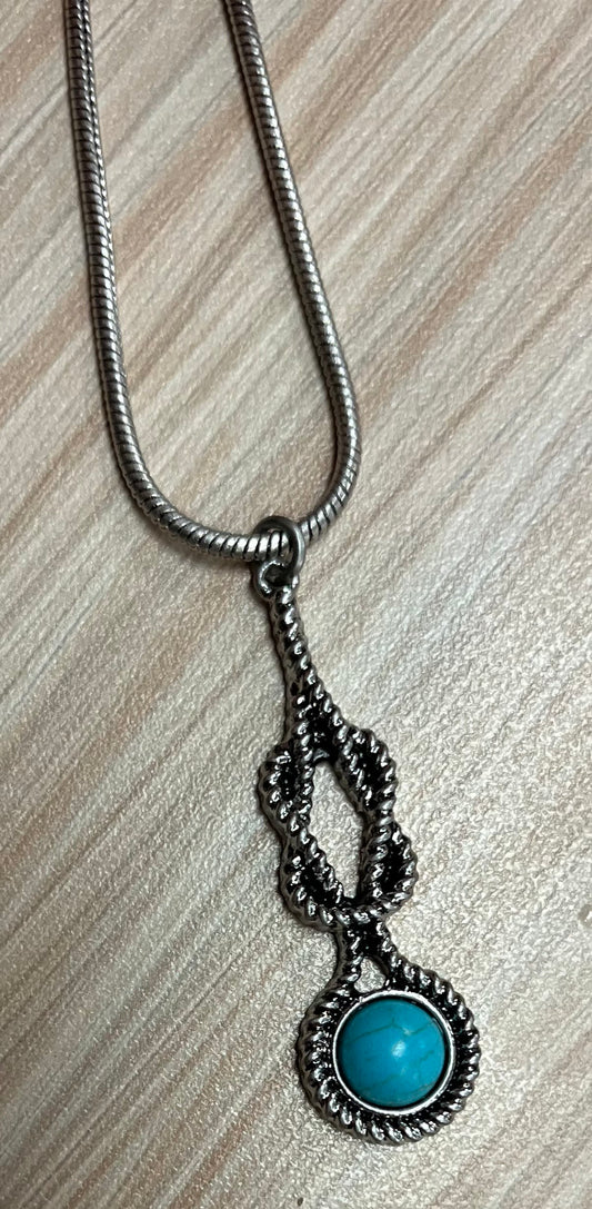 Justin Necklace Snake Chain W/Square Knot and Faux Turquoise Stone Pendant
