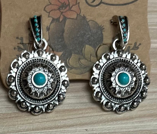 Justin Earrings Drop Dangle Concho W/Faux Turquoise Stone