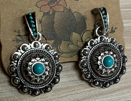 Justin Earrings Drop Dangle Concho W/Faux Turquoise Stone