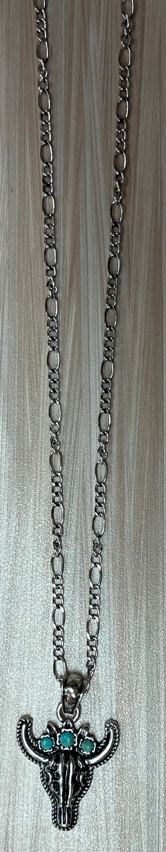 Justin Necklace Steer Head W/Faux Turquoise Flower Crown