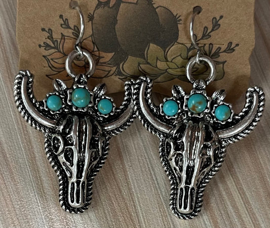 Justin Earrings Steer Head W/Faux Turquoise Flower Crown