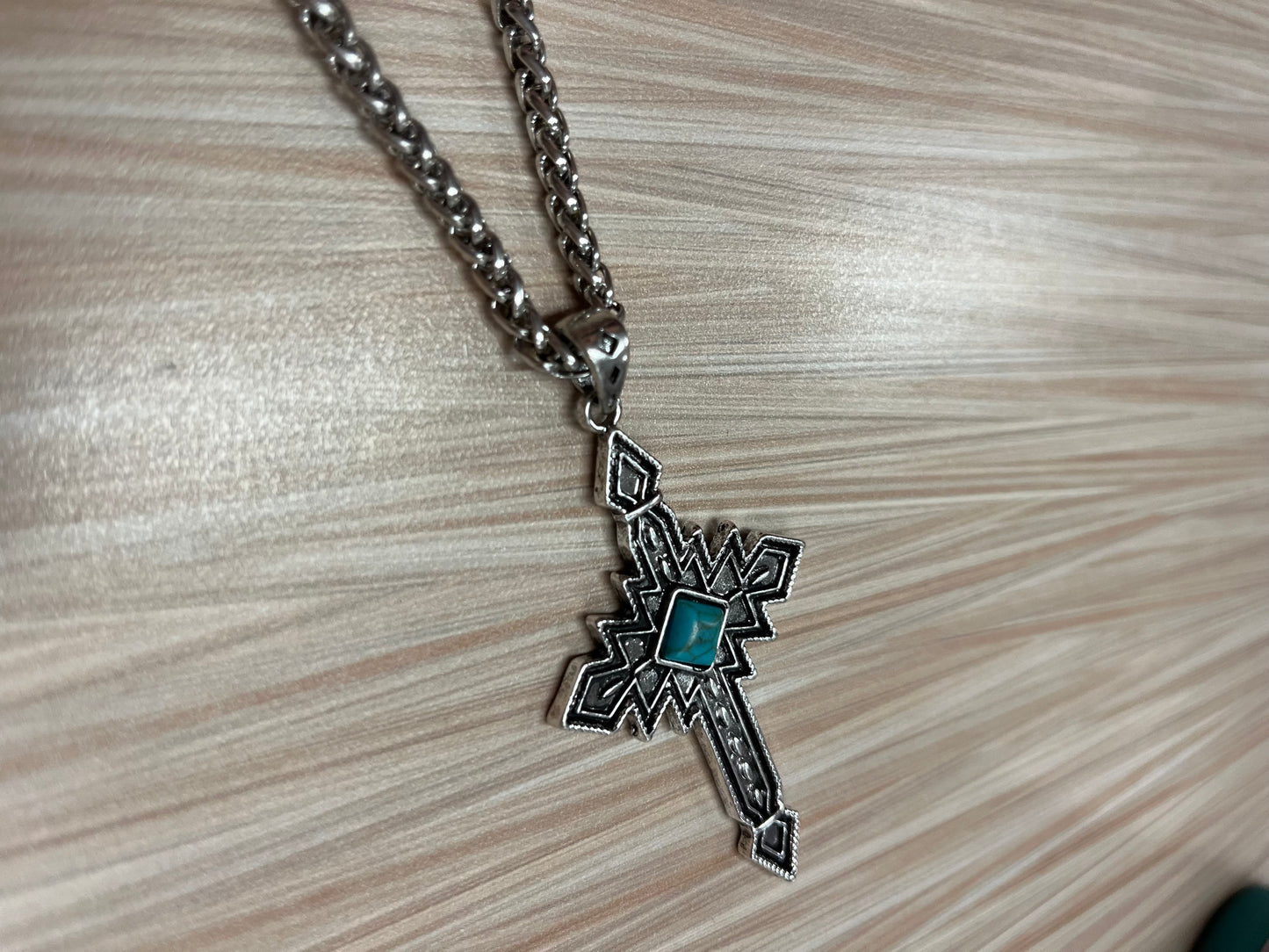 Justin Men's Necklace Aztec Inspired Cross W/Turquoise Colored Stone